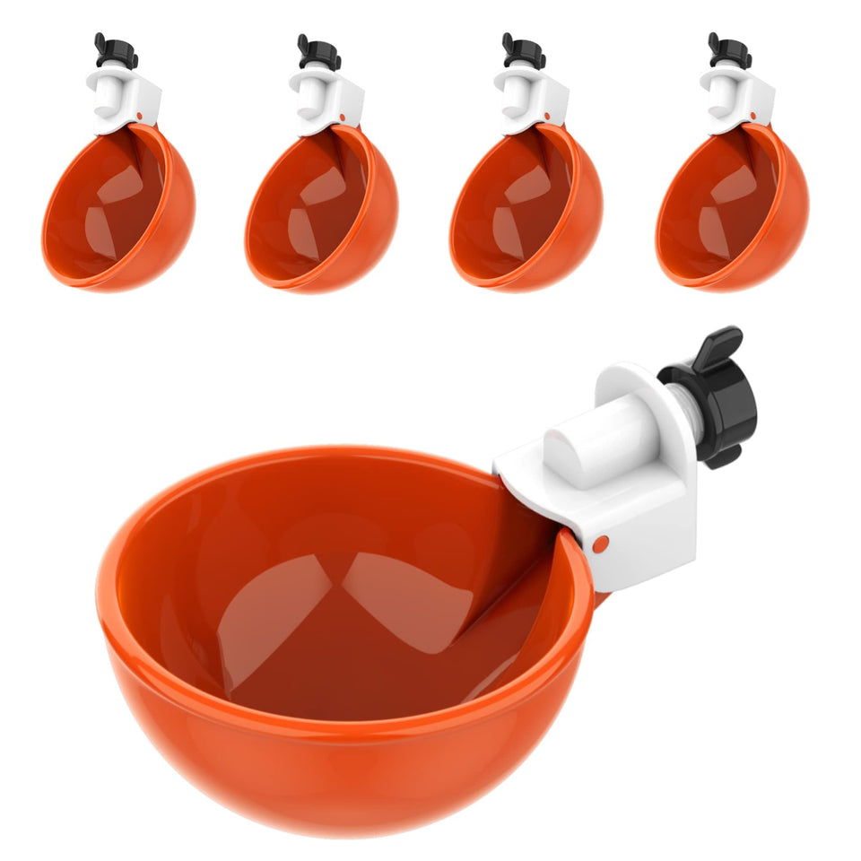 Lil'Clucker large orange waterer cups provide a steady coop water supply