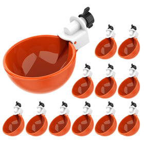 Lil'Clucker orange heavy-duty waterer cups keep flocks hydrated.