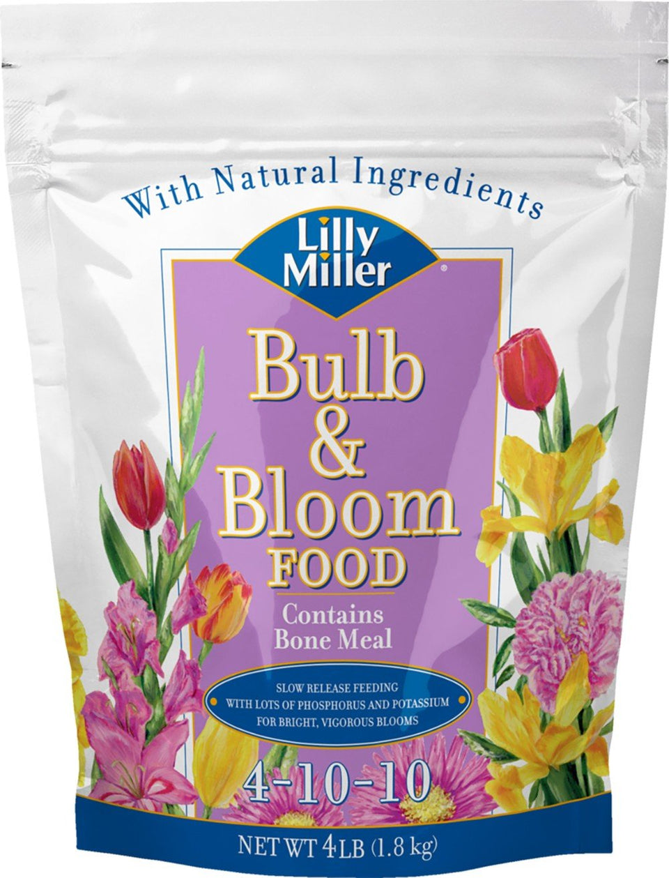 Lilly Miller Bulb & Bloom Food 4-10-10 bottle promotes vibrant blooms with slow-release feeding.