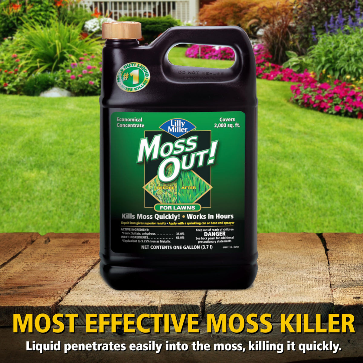 Lilly Miller Moss Out bottle beside healthy green lawn