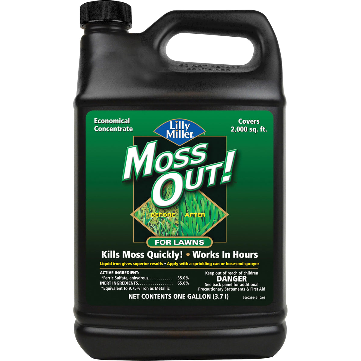 Lilly Miller Moss Out bottle closeup for fast moss control on lawns