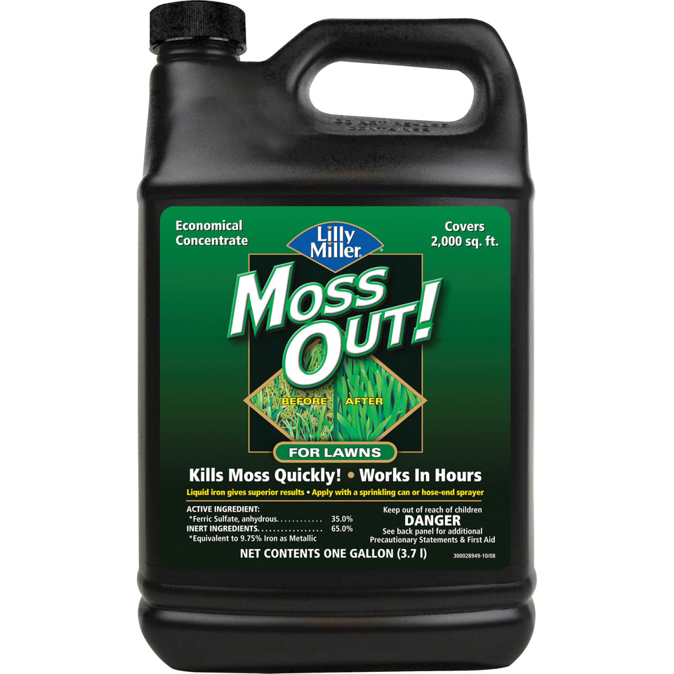 Lilly Miller Moss Out bottle closeup for fast moss control on lawns