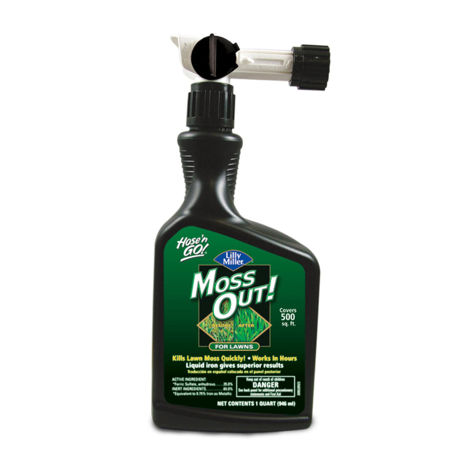 Lilly Miller Moss Out for Lawns 32oz bottle ready to spray on mossy turf.