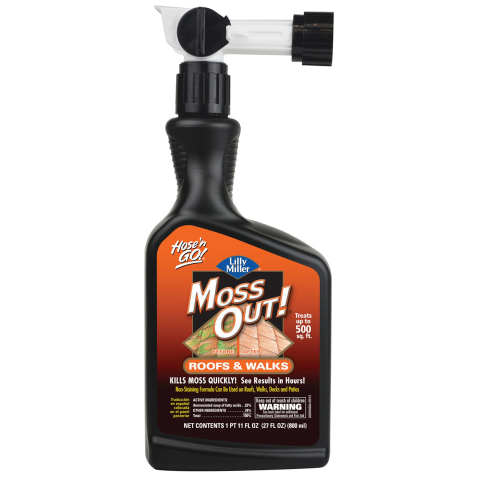 Lilly Miller Moss Out roof application shows hose-ready moss control on shingles