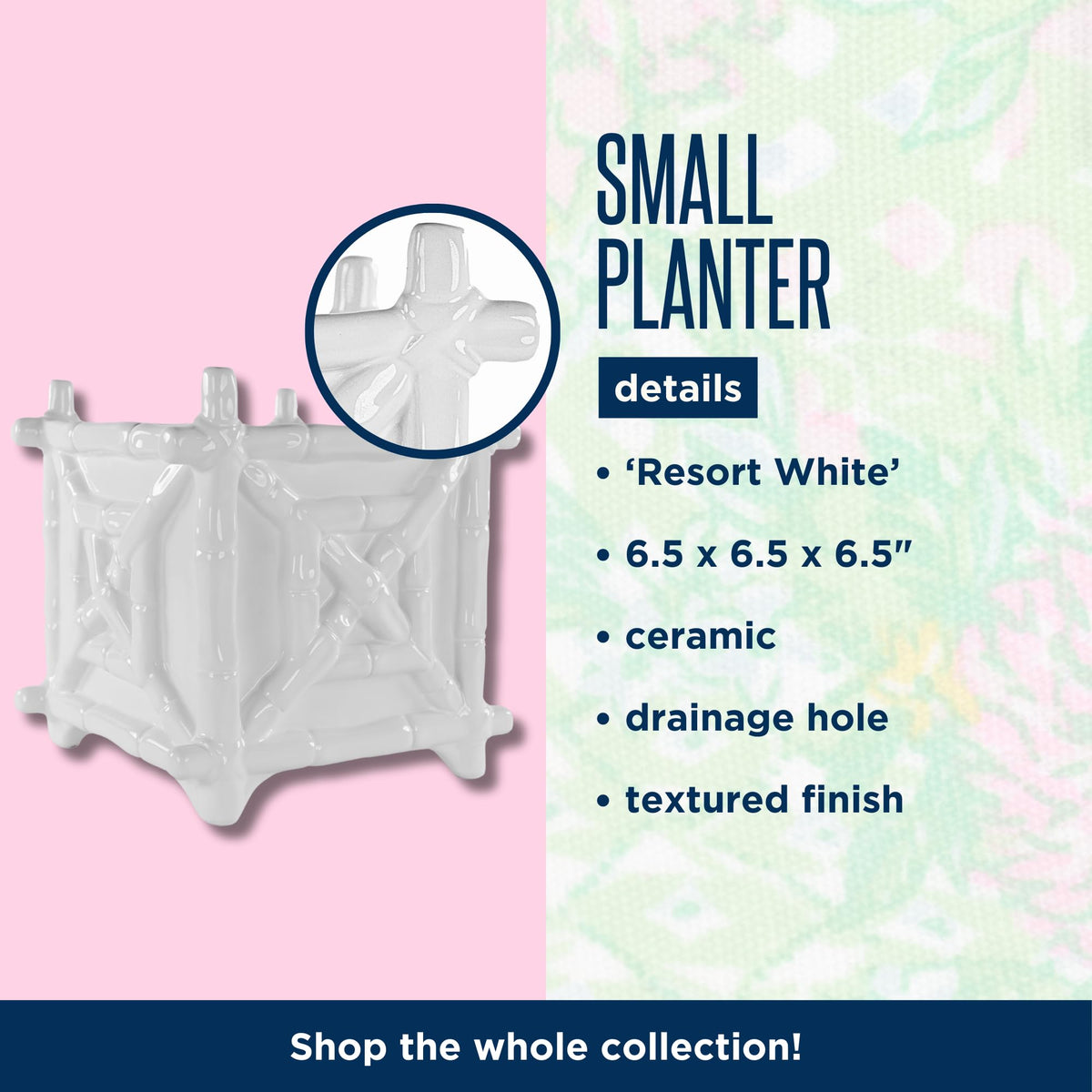Lilly Pulitzer bamboo-inspired planter on shelf adds chic, resort-white accent.