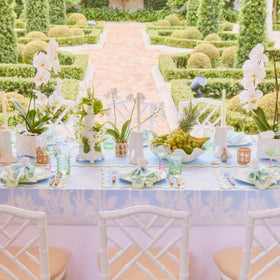Lilly Pulitzer planter styled on a shelf with greenery for compact decor.