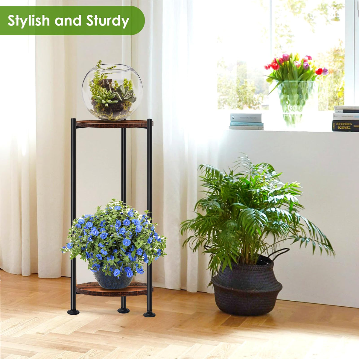 The stand elevates plants to catch sunlight and brighten everyday spaces.