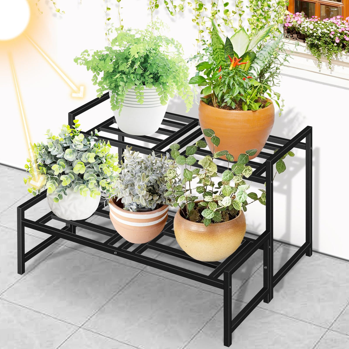 Lilybud Lily wrought-iron stand showcases plants with durable construction