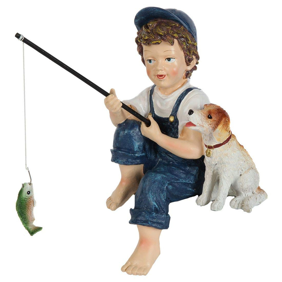 Lily's Home fishing boy and dog statue front view for cottage garden entry.