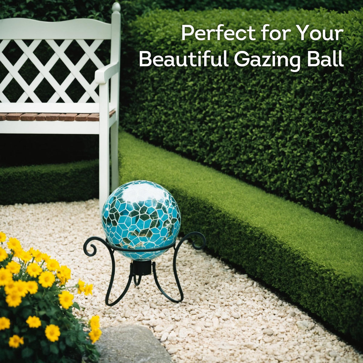 Lily's Home gazing ball stand shows dimensions 13x12x8 inches for fitting gazing balls.