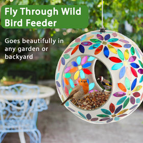 Lily's Home glass bird feeder fly-through design lets birds feed and depart safely.