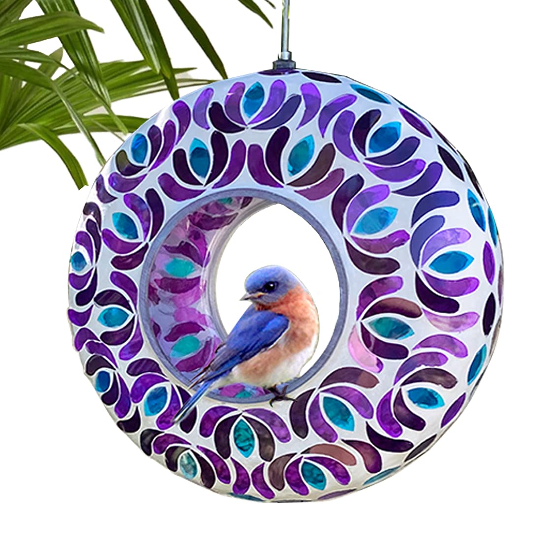 Lily's Home glass mosaic hanging bird feeder in purple and blue attracts birds and enhances garden color