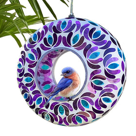 Lily's Home glass mosaic hanging bird feeder in purple and blue attracts birds and enhances garden color