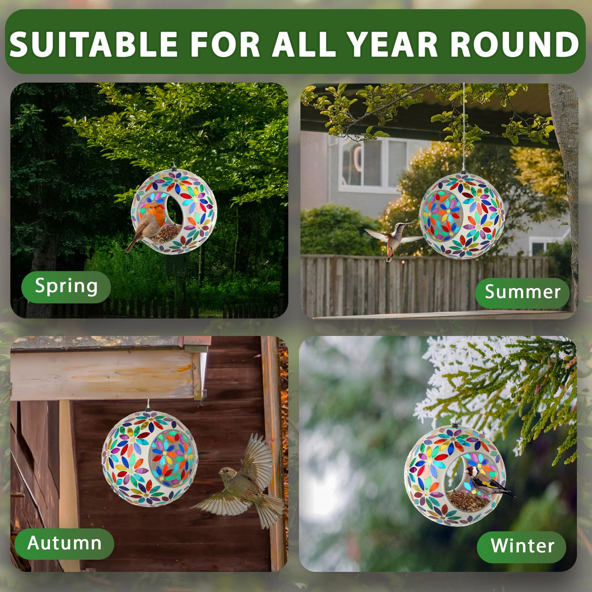 Lily's Home mosaic glass feeder adds color and charm to garden decor.