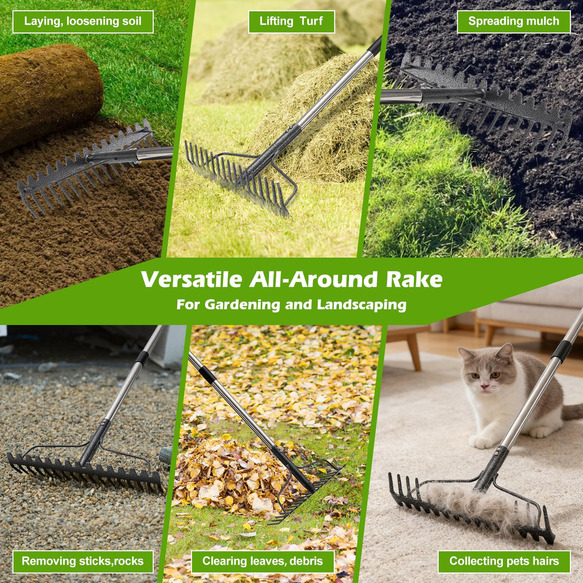 Lilyvane Bow Rake in-use on a lawn for debris and leveling.