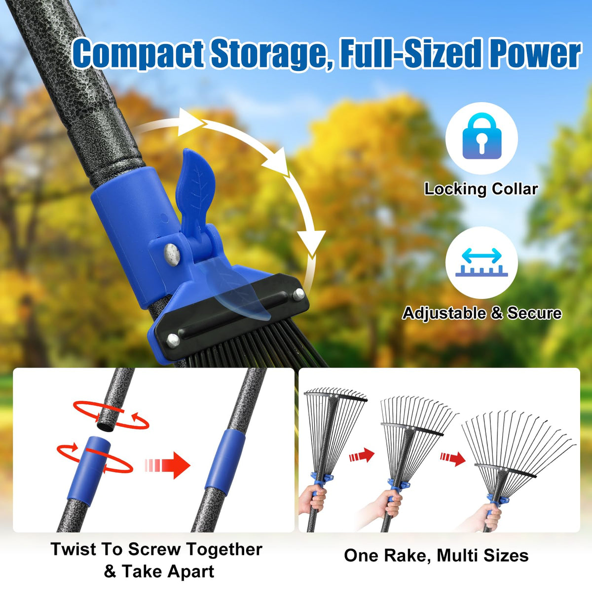 Lilyvane collapsible rake stores compactly in small spaces