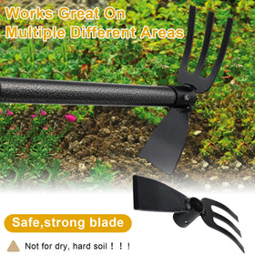 Lilyvane cultivator prongs stirring soil and uprooting shallow weeds.
