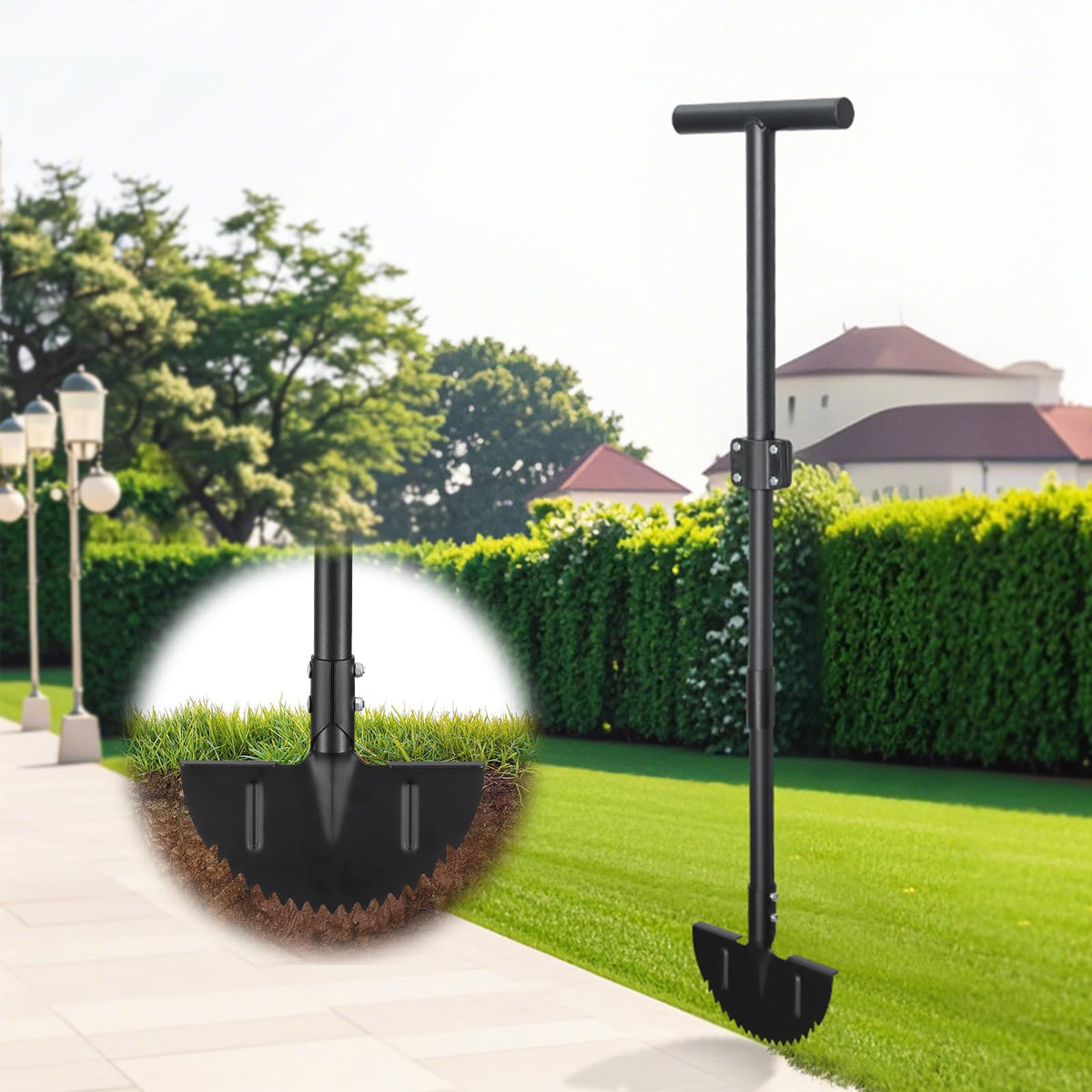 Lilyvane Edger with half-moon blade for precise edging along sidewalks.