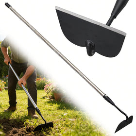Lilyvane garden hoe with pre-sharpened blade slicing through tough roots