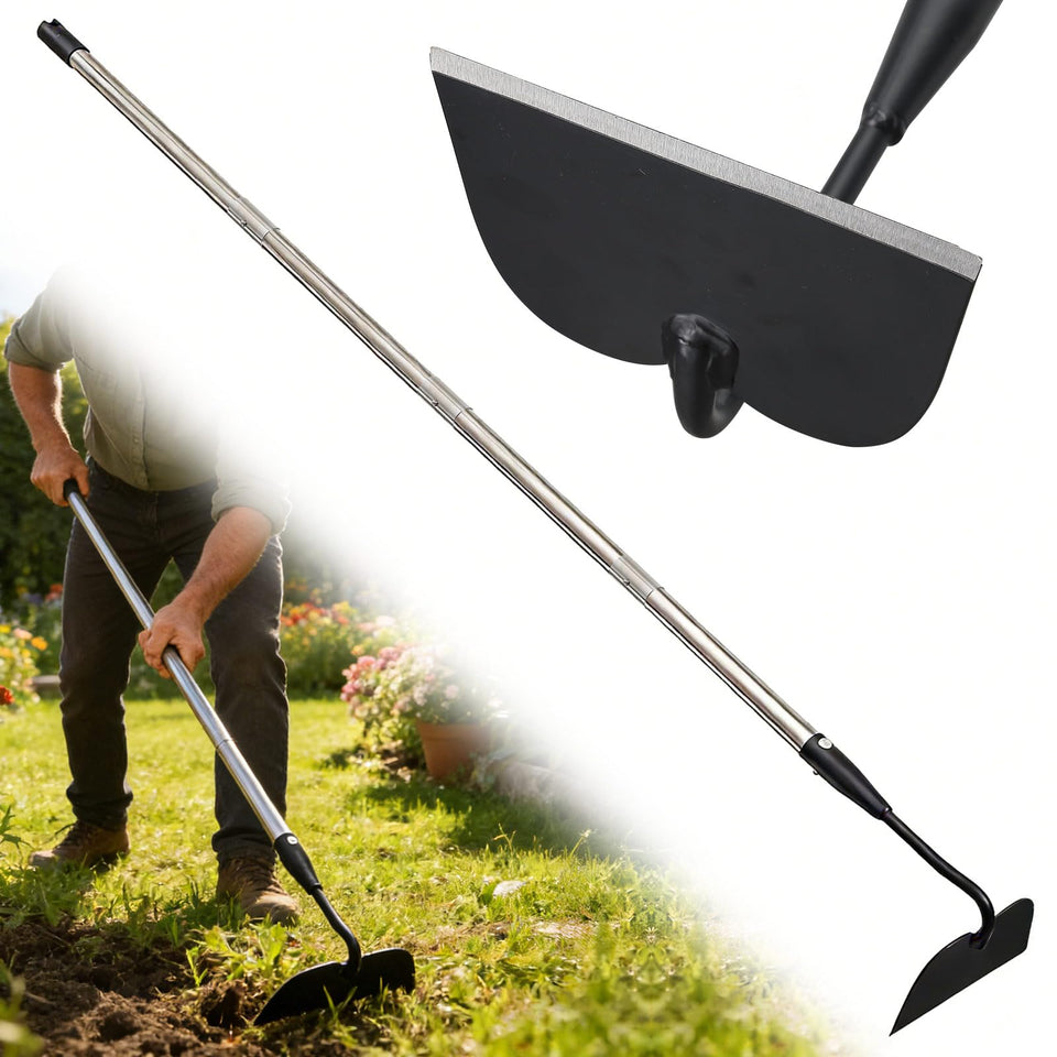 Lilyvane garden hoe with pre-sharpened blade slicing through tough roots