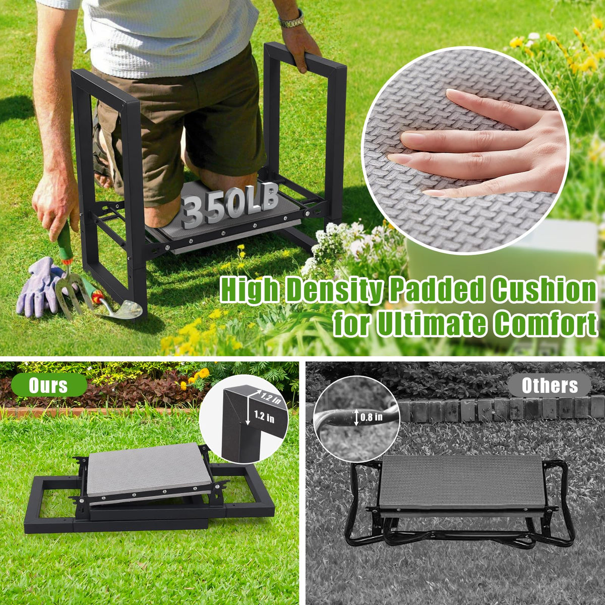 Lilyvane Garden Kneeler Seat wide cushion eases knee and back strain.