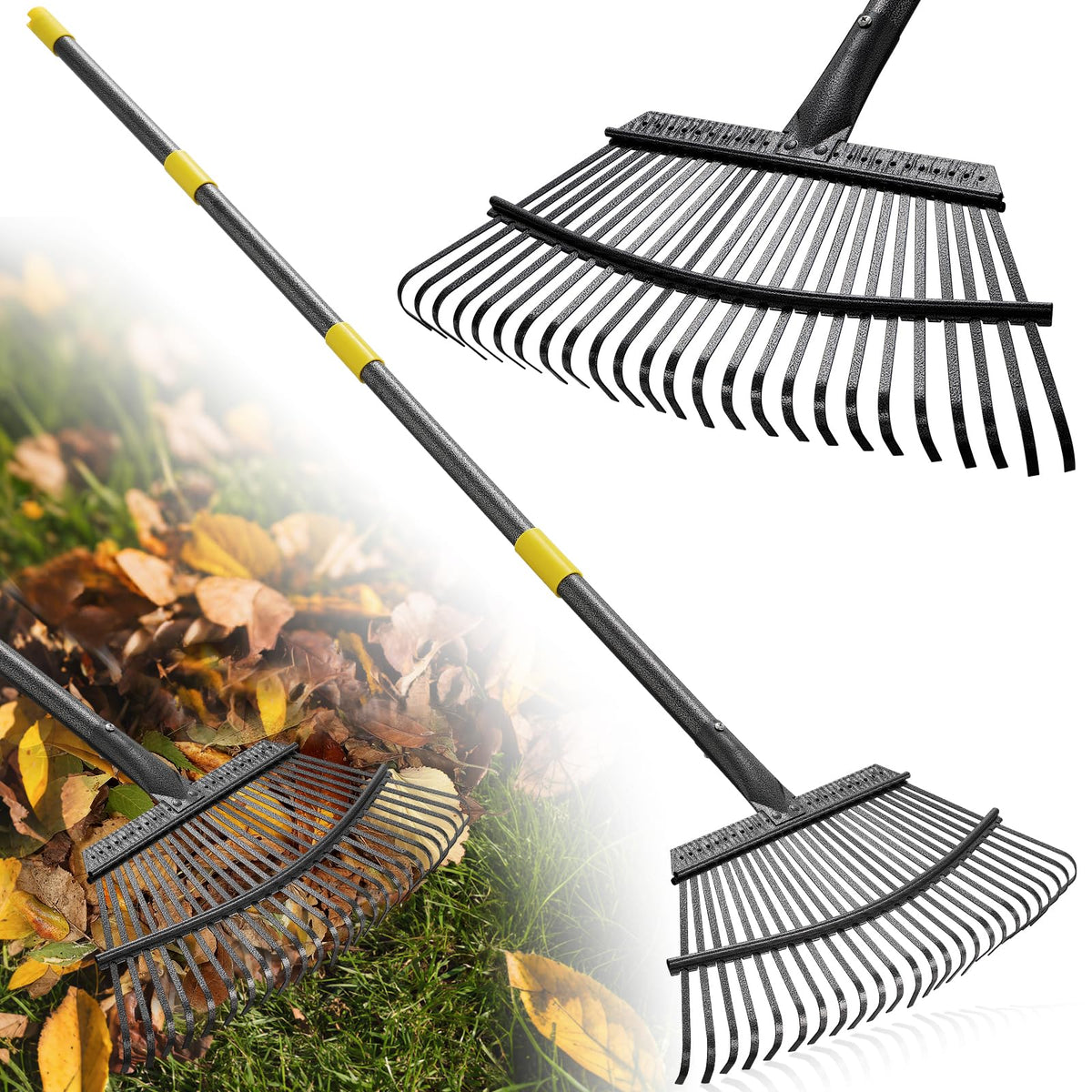 Lilyvane garden rake with 18-wide head for fast leaf clearing in lawns.