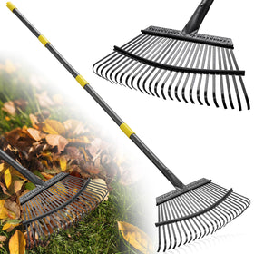 Lilyvane garden rake with 18-wide head for fast leaf clearing in lawns.