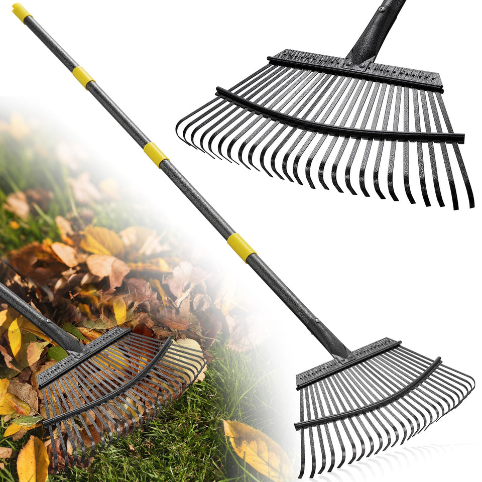 Lilyvane garden rake with 18-wide head for fast leaf clearing in lawns.