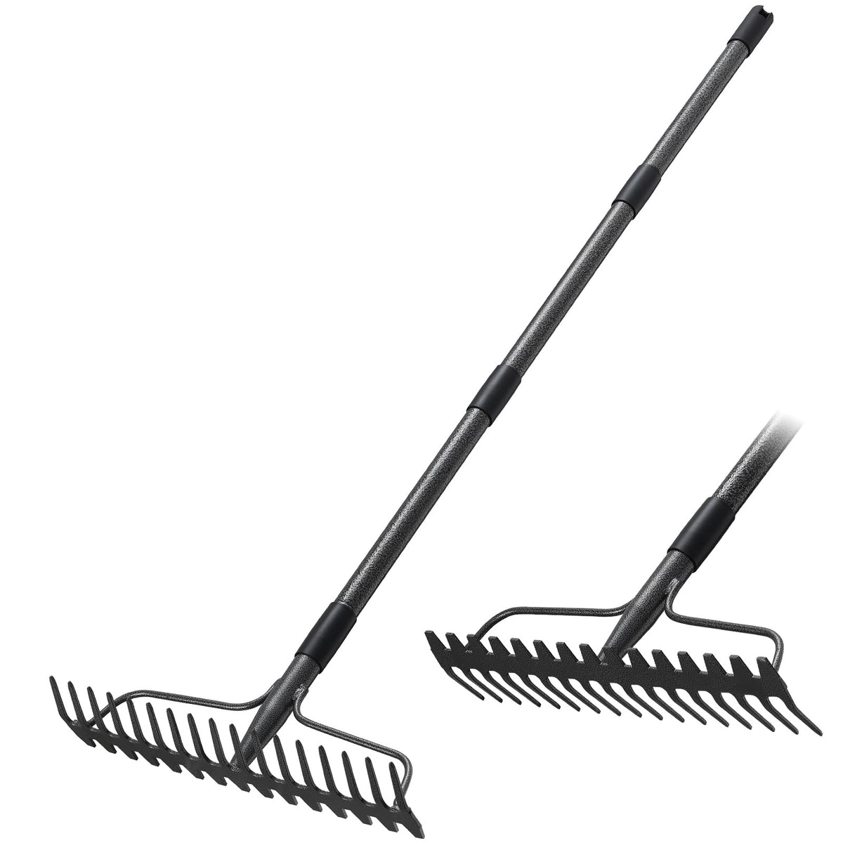 Lilyvane Garden Rake 63-inch handle with 17 tines for efficient leaves and debris.