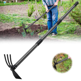 Lilyvane hoe and cultivator with 45-inch handle assembled for efficient garden prep.