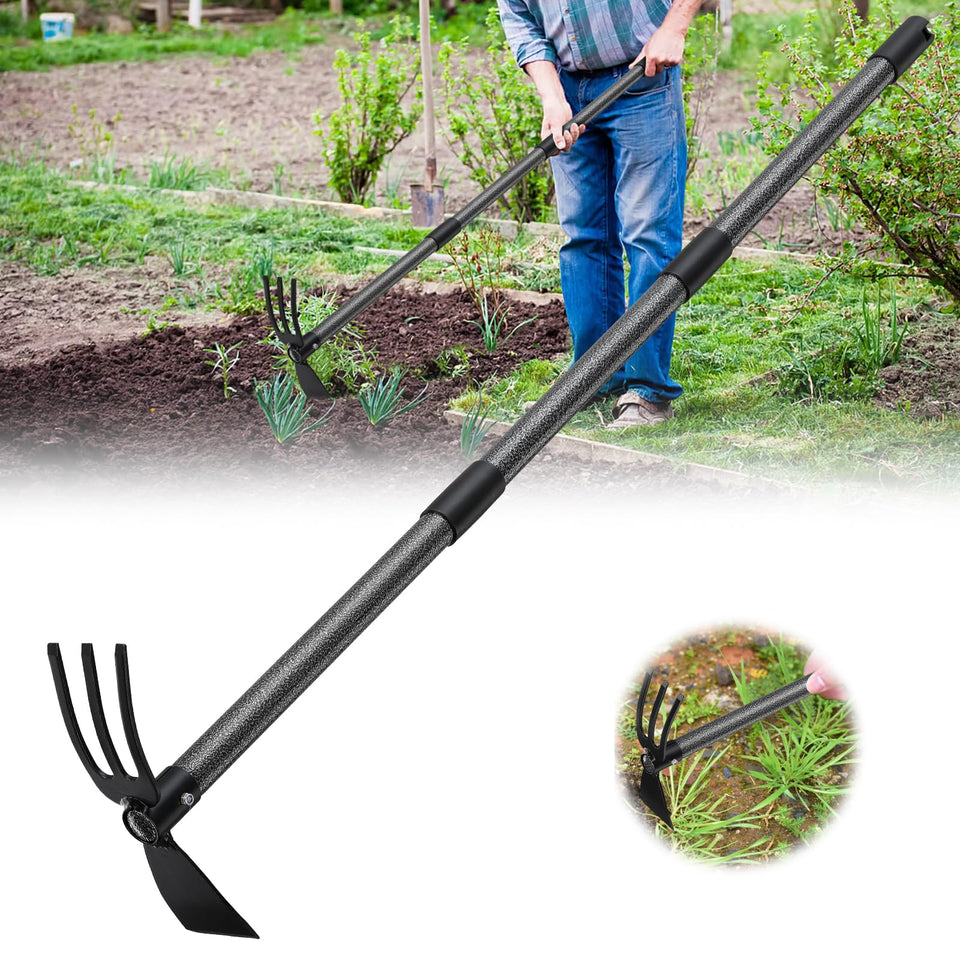 Lilyvane hoe and cultivator with 45-inch handle assembled for efficient garden prep.