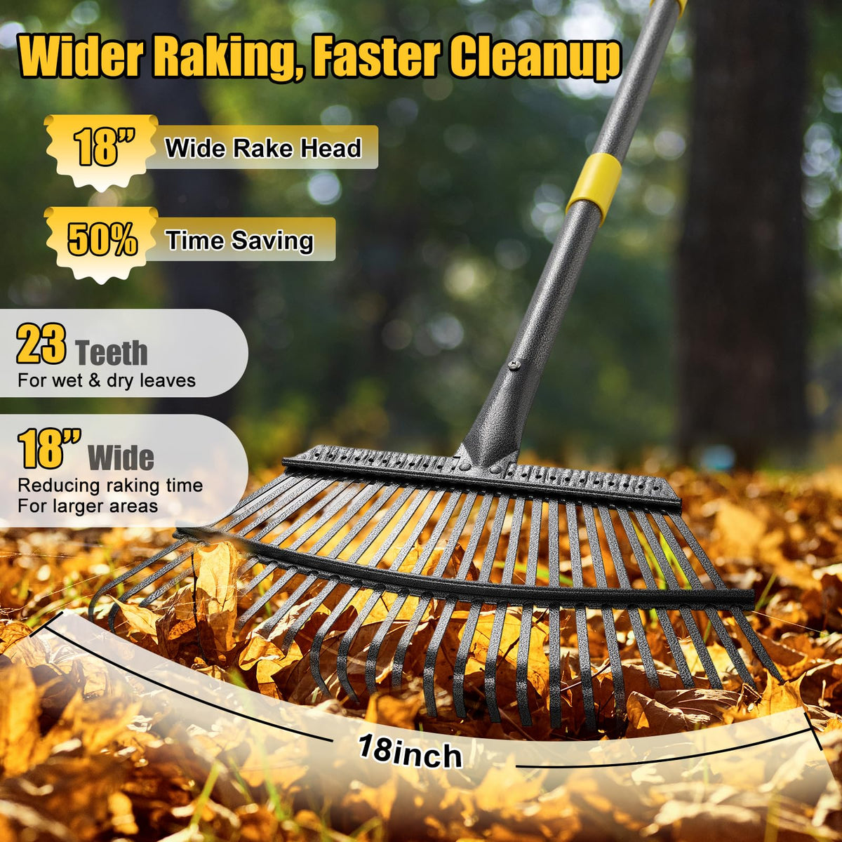 Lilyvane leaf rake shows adjustable 65-inch handle for comfortable reach.