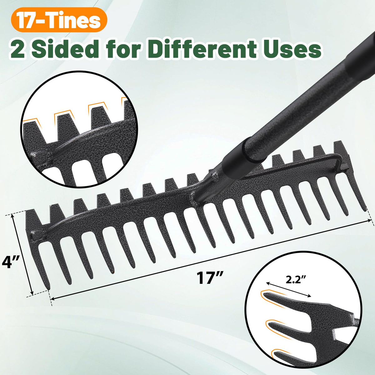 Lilyvane metal bow rake teeth close-up highlights sturdy design for tough jobs.