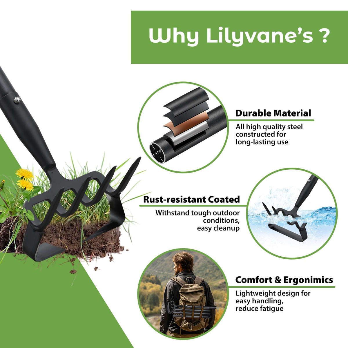Lilyvane push-pull action speeds up weeding with less effort.