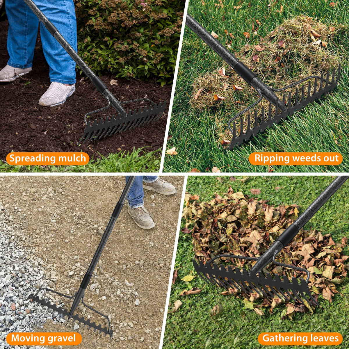 Lilyvane rake prepping soil and mulch for seedbeds.