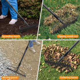 Lilyvane rake prepping soil and mulch for seedbeds.