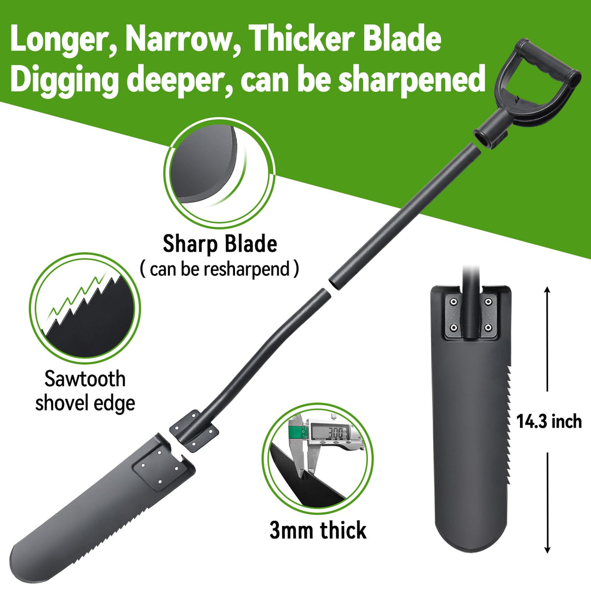 Lilyvane Spade Shovel 3mm saw-teeth blade for tough soil work