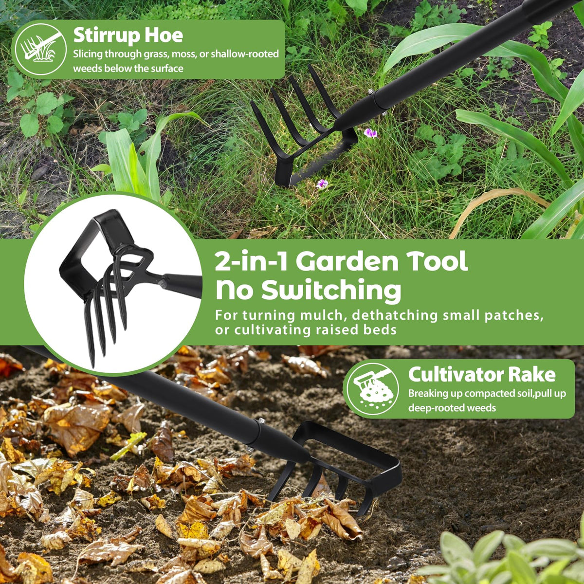 Lilyvane stirrup hoe blade slices soil for quick weed removal.