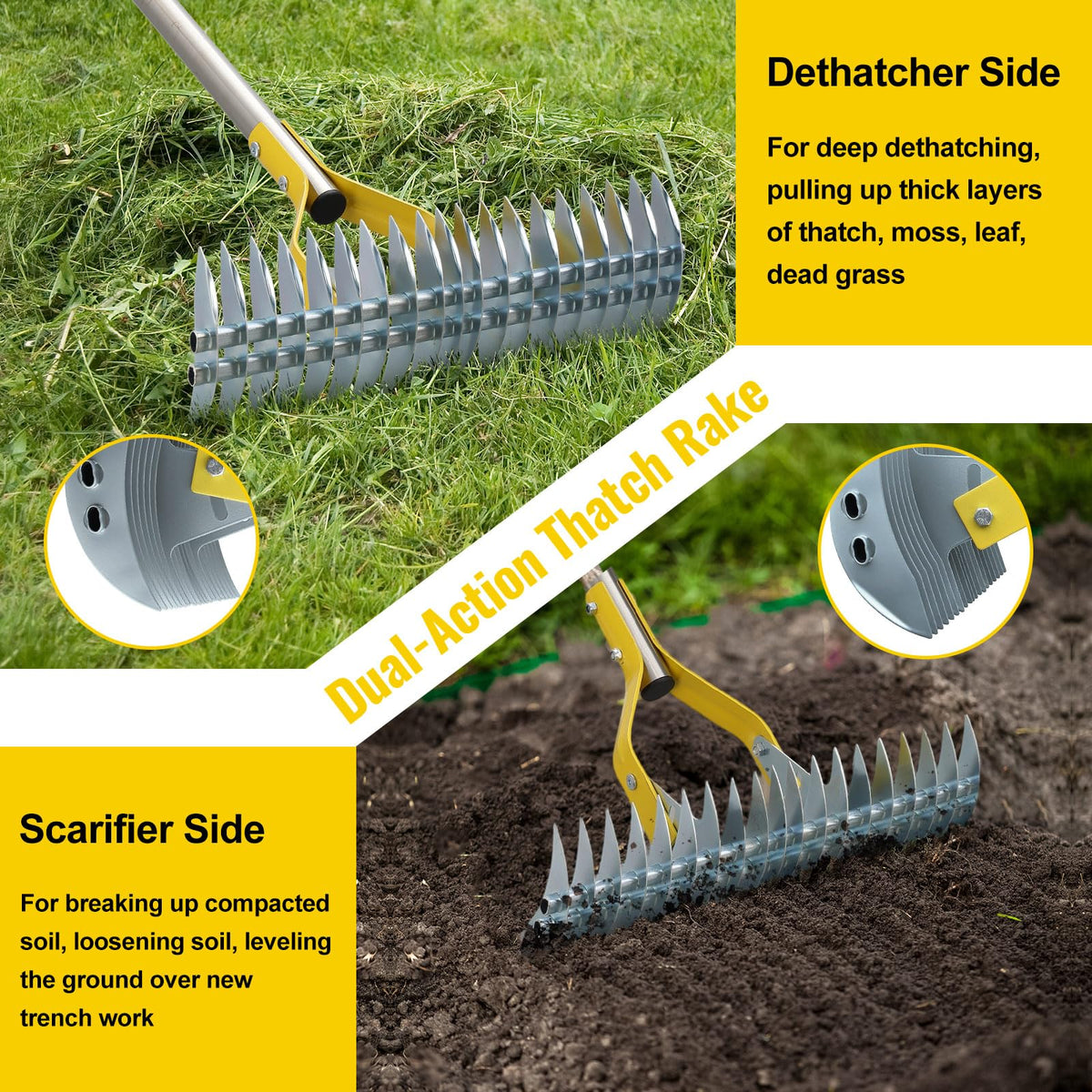 Lilyvane two-in-one rake head handles dethatching and leaf gathering in one pass.