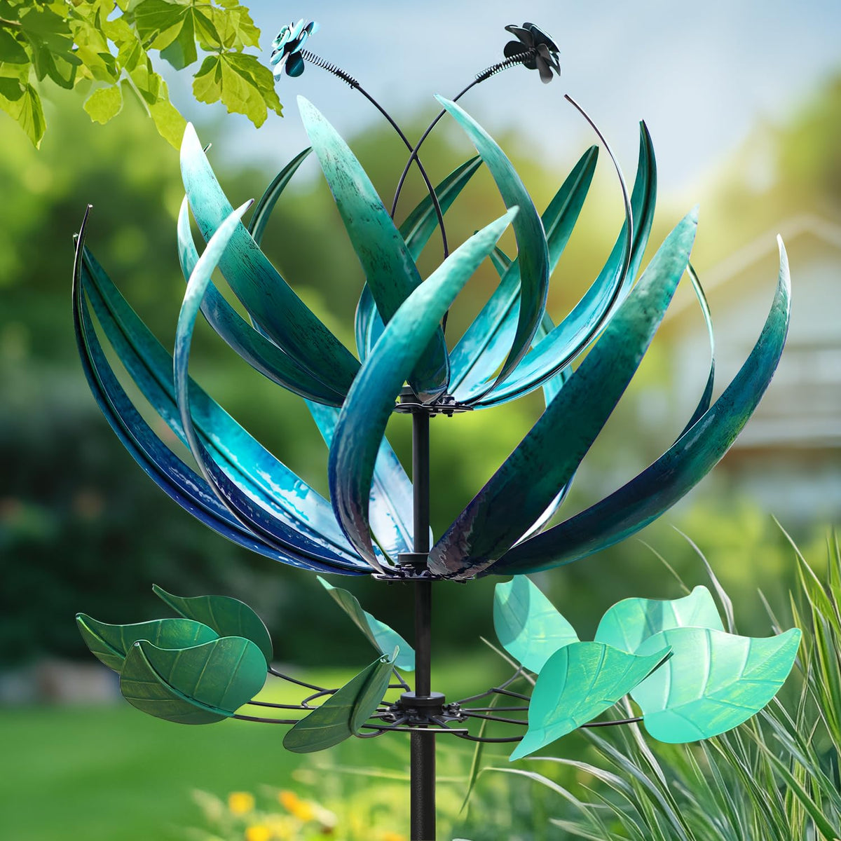 LimeHill Wind Spinner Blue Lotus front view showing bold outdoor presence