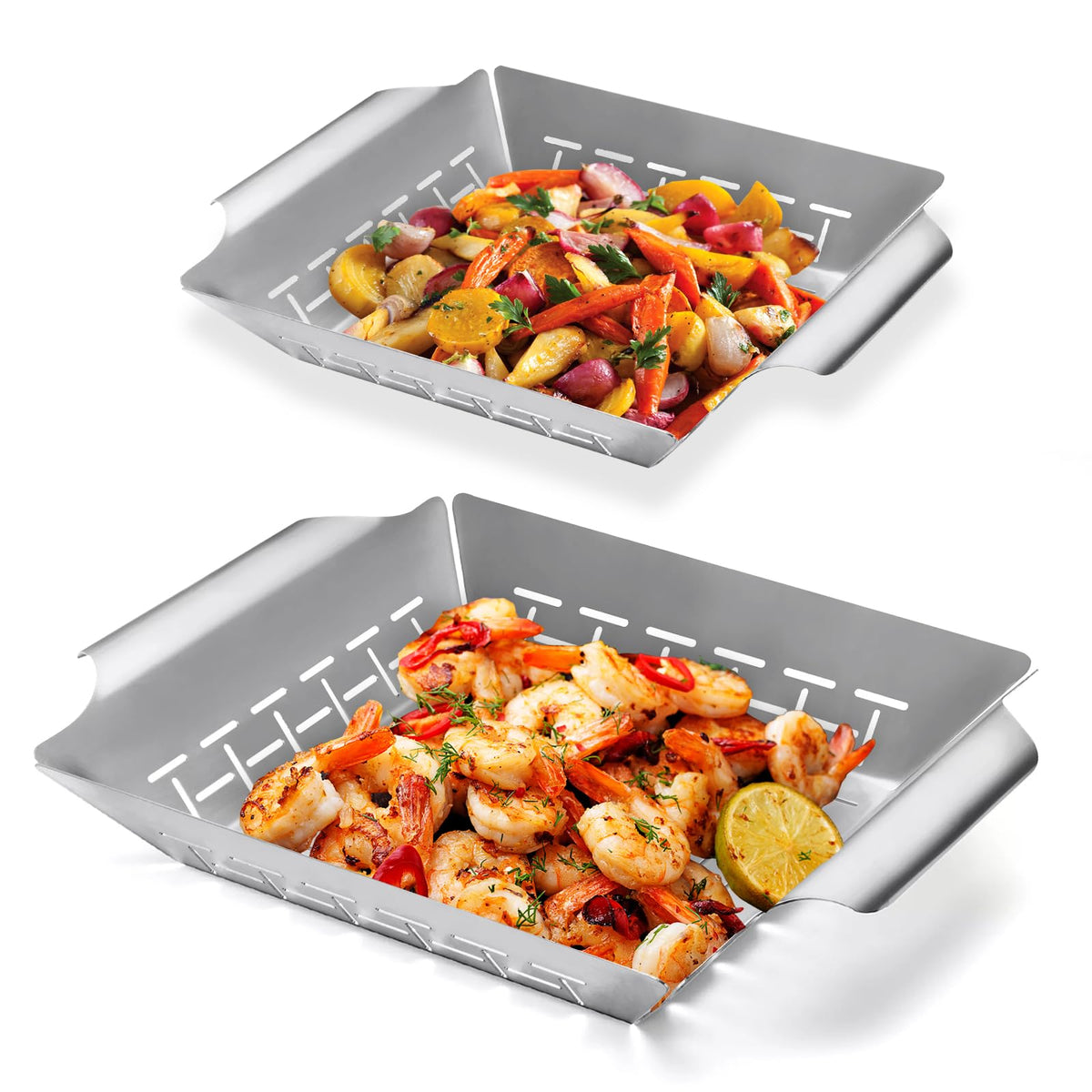 LIMERRI 2-pack vegetable grill baskets on a hot grill for organized cooking.