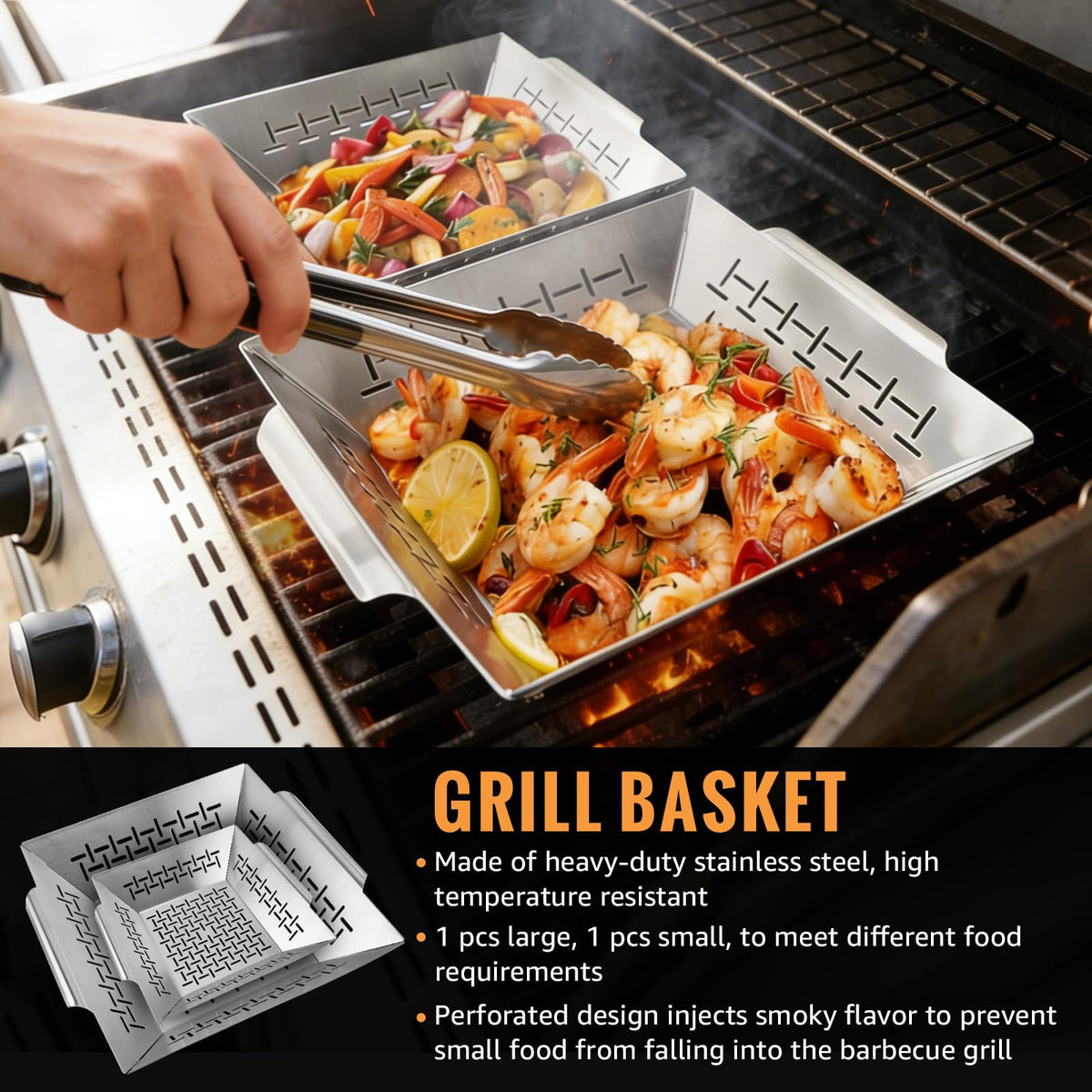 LIMERRI stainless steel grill basket with deep tray keeps vegetables contained.
