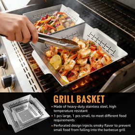 LIMERRI stainless steel grill basket with deep tray keeps vegetables contained.