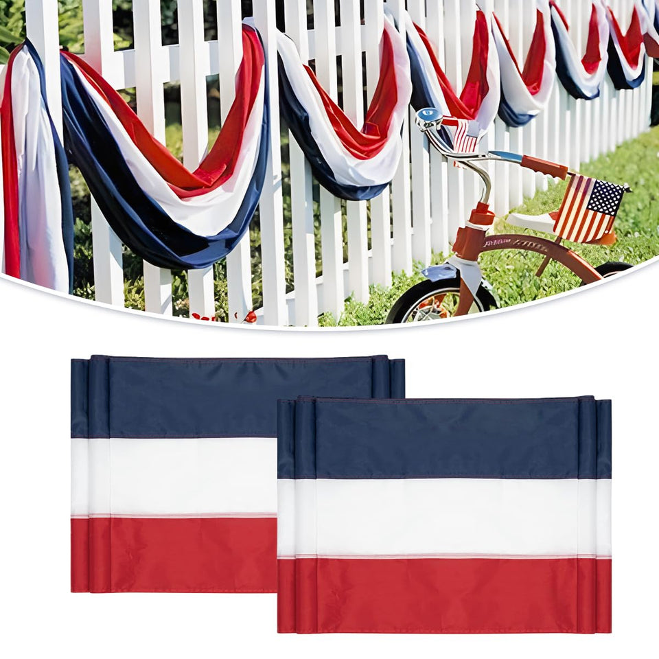 LinaGarten patriotic bunting 2x20ft draped on a porch for outdoor celebration.