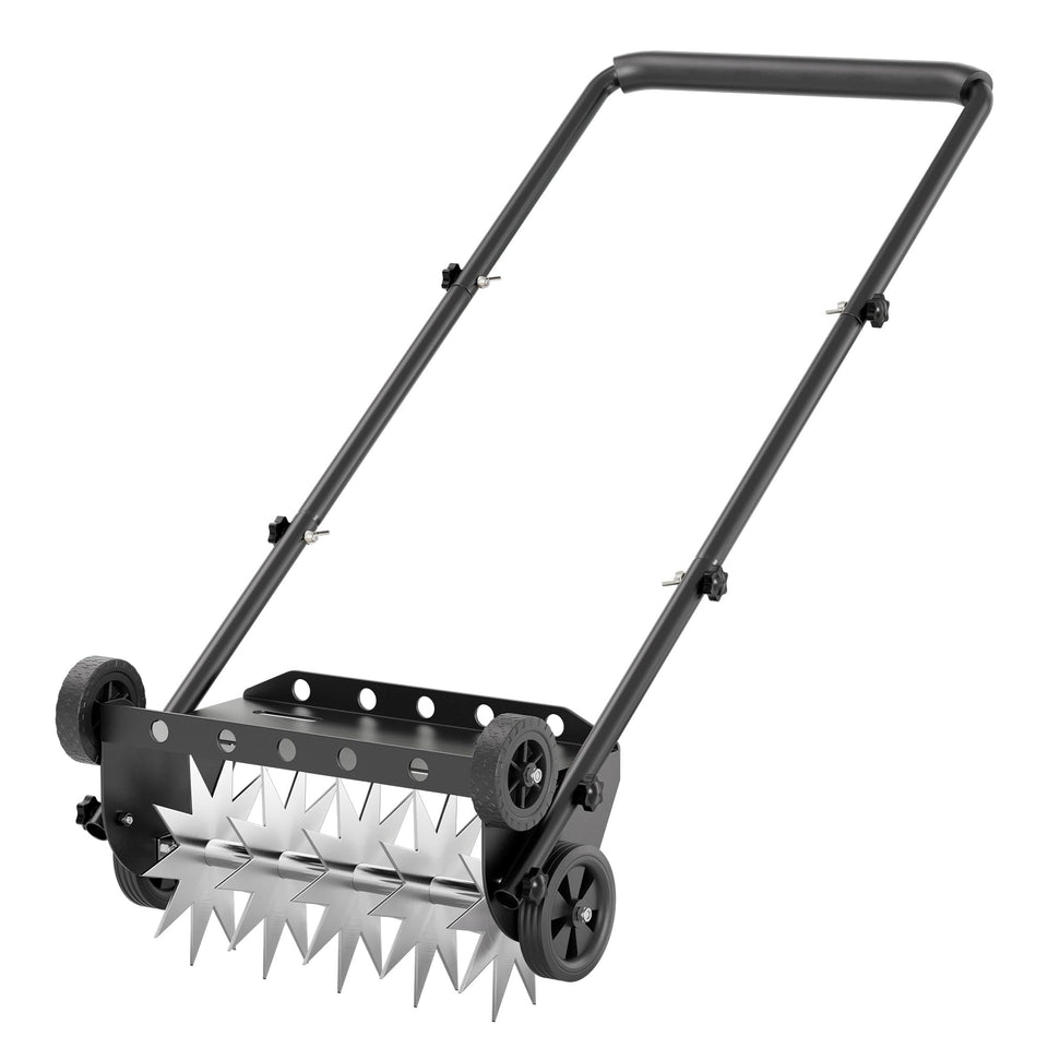 Lineware 18-inch lawn aerator assembly highlights a sturdy frame for quick setup.