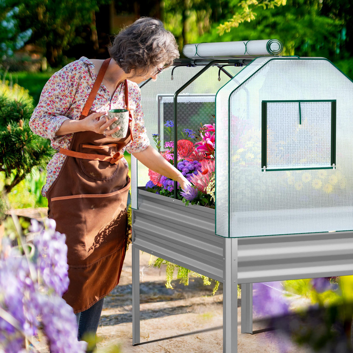 Lineware elevated planter with legs provides comfortable gardening at a standing height.