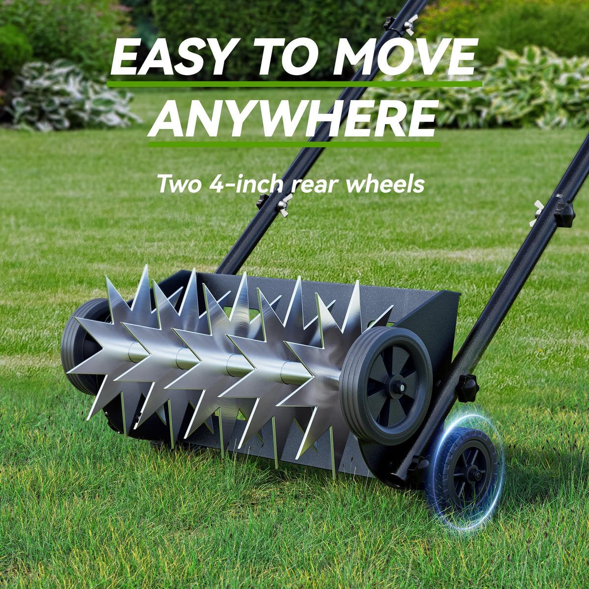 Lineware heavy-duty push spike aerator demonstrates rugged design for efficient soil penetration.