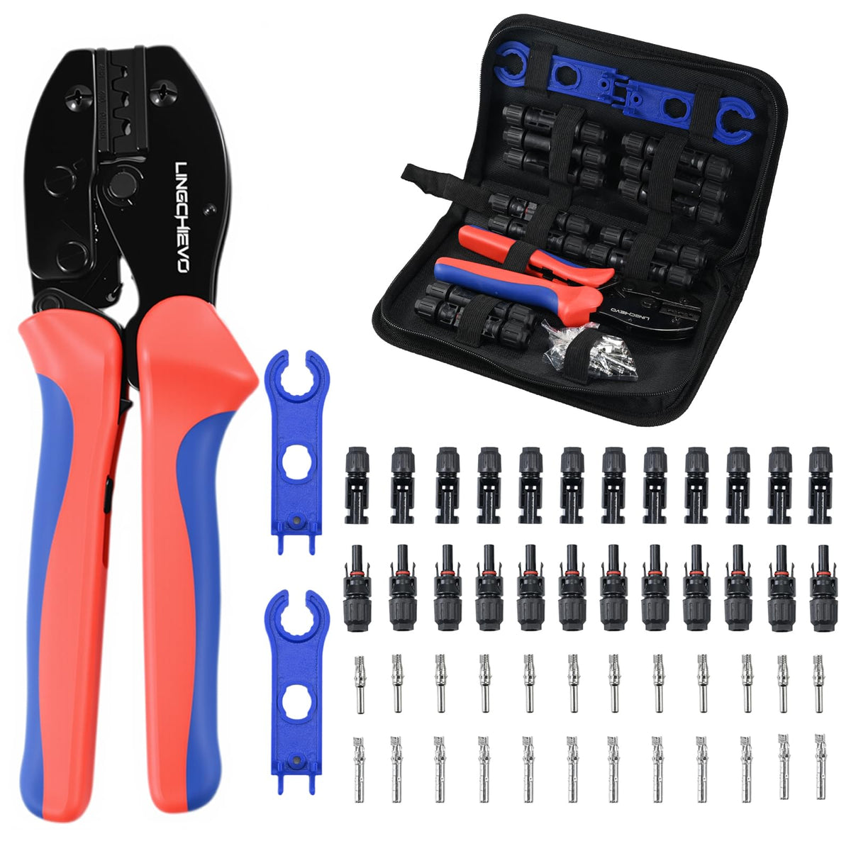 LingChievo solar crimper tool kit performing precise MC4 crimping on 14-10 AWG cables