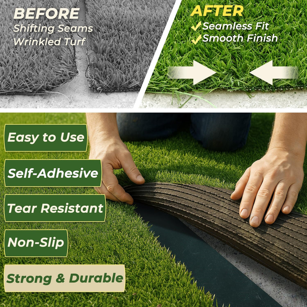 Linghou turf tape applied on concrete floor showing strong adhesion.