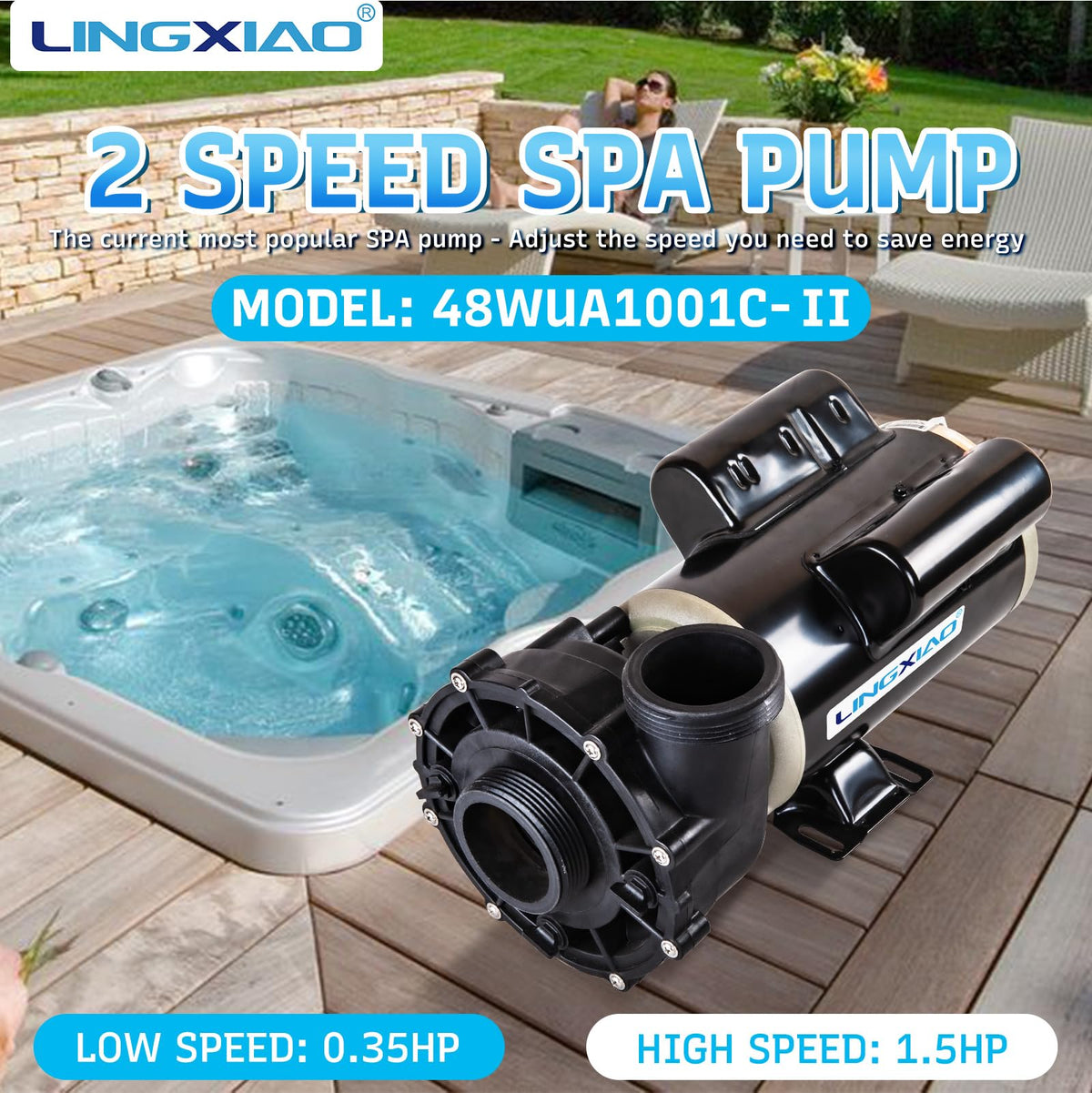 LINGXIAO 2-speed spa motor enables flexible water flow for varying needs.